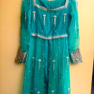 Turquoise long bishop sleeves dress